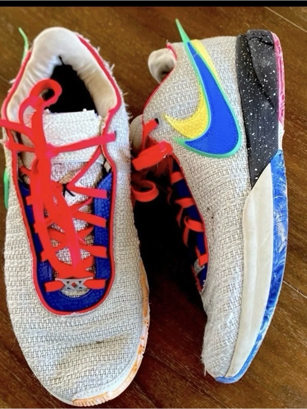 Nike LeBron Gray Knit Basketball Shoes with Blue & Yellow Swoosh